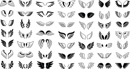 Collection of diverse angel wings and bird wings in black and white line art illustrations set design
