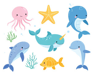 Fototapeta premium A vibrant vector icon set of funny cartoon marine animals, featuring a delightful collection of fish, dolphins, octopuses, perfect for any underwater illustration