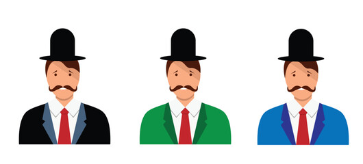 Gentleman with Mustache and Hat Bust Different Costume Colors. People, portraits and vintage fashion vector art