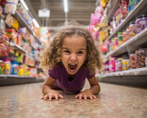 Child Screaming While Having Temper Tantrum or Meltdown on Floor of Supermarket