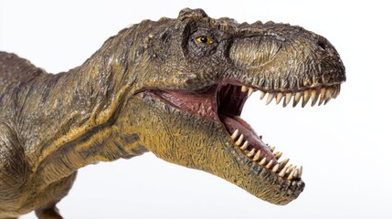 Fototapeta premium Detailed model of a Tyrannosaurus rex with textured scaly skin, earthy brown and yellow tones, wide open mouth revealing sharp teeth, yellow eyes with black pupils, lifelike menacing appearance, 