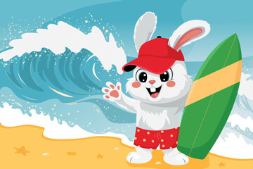 Cute cartoon bunny in red cap holding surfboard on tropical beach with big wave splash. Fun summer travel, surfing holiday, kids vacation concept. Horizontal vector illustration.