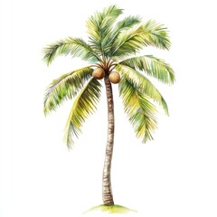 Watercolor illustration of a coconut palm tree