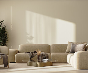 Modern Living room interior with beige sofa and empty wall with sunlight, 3d render