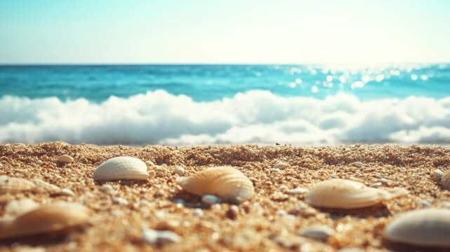 A serene coastal scene featuring shells and the vast ocean.
