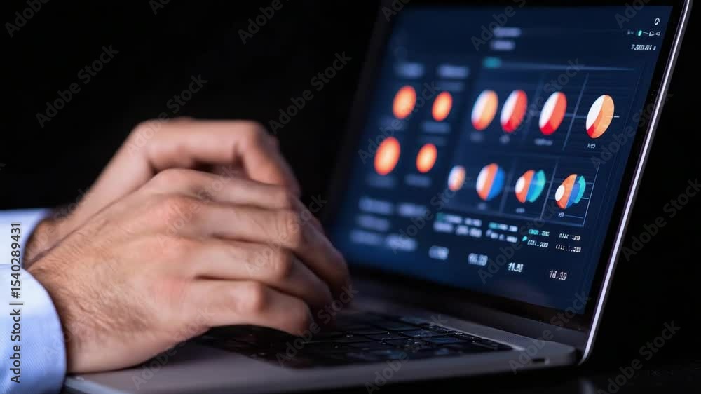 Aufkleber hands analyzing financial data on laptop with colorful graphs and charts in professional office envi