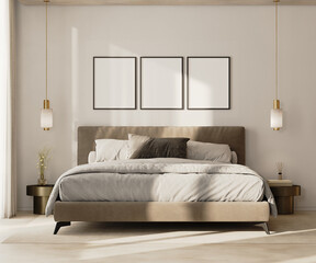 three blank poster frames above bed in modern bedroom interior, 3d render