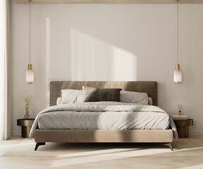 modern bedroom interior with bed, lamp and bedsie tables, 3d render