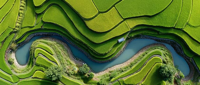 Terraced Rice Field Serenity: An expansive aerial view reveals the intricate patterns of terraced rice fields, as a serene river meanders through the verdant landscape.