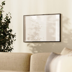 living room with a  horizontal picture frame close-up, 3d render