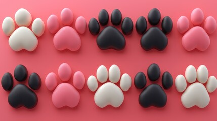 Colorful 3D paw prints arranged in rows on a pink background