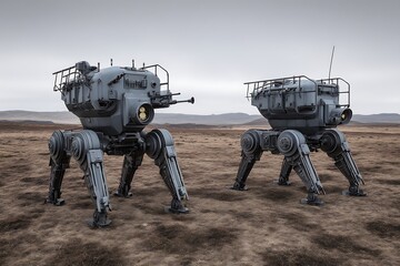 Walker robots in desolate landscape patrol