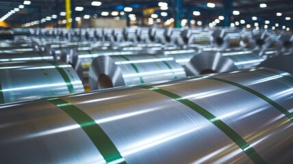 Obraz premium Rows of metallic rolls neatly stacked in a vast warehouse, showcasing industrial storage with blue straps, under bright overhead lighting and systematic arrangement.