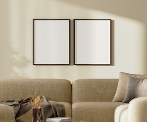 Two blank poster frames on a wall with sunlightith sunlight above brown sofa with pillows and decor, 3d render