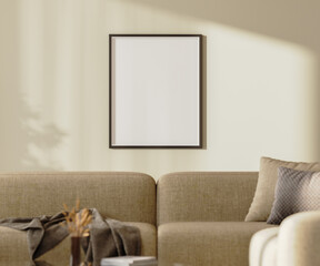blank poster frame mock up on a wall with sunlightith sunlight above brown sofa with pillows and decor, 3d render
