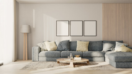 Three blank frames on a white wall with wooden panel in modern living room interior with blue sofa, 3d render