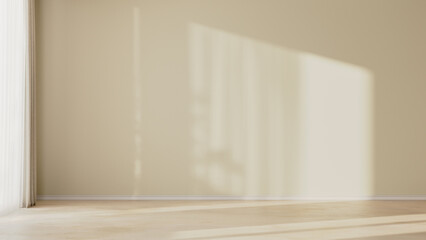 Empty room interior with beige walls with sunlight from a window, wooden floor, 3d render