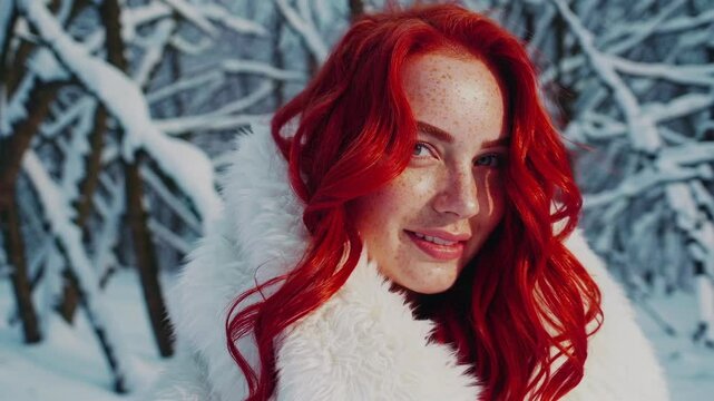 A radiant redhead bundled in a cozy white fur coat, standing amidst falling snow in a serene winter wonderland, her breath visible in the cold air. Freckles on her chest and face