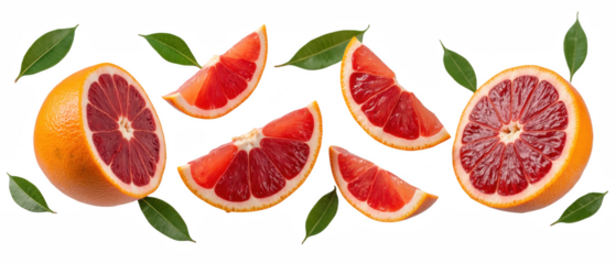 Fresh blood oranges with vibrant red flesh and green leaves arranged artistically, showcasing their juicy segments and rich color
