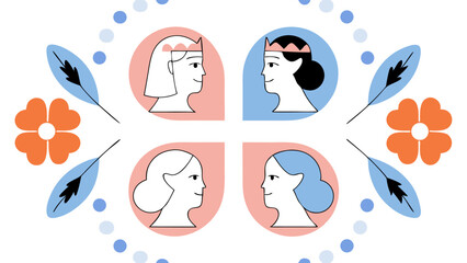 Four Queens Profile Illustrations with Floral Design