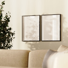living room with a two picture frames close-up, 3d render