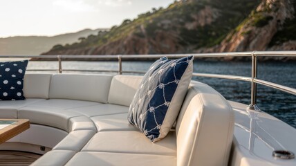 Obraz premium Elegant white leather seating on a luxury yacht deck, adorned with decorative cushions, overlooking a scenic rocky coastline during golden hour lighting.
