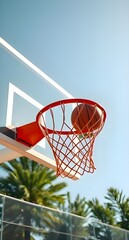Naklejka premium Basketball ball hitting net. Basketball photo. Phone background photo