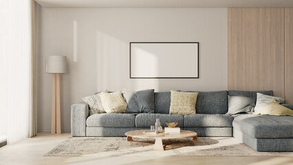 horizontal frame mock-up on a white wall with wooden panel above the sofa with pillows in modern living room lounge zone, 3d render