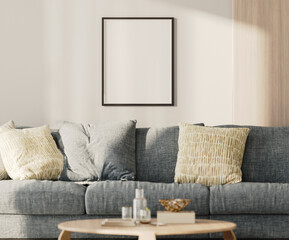 blank frame mock-up on a white wall with wooden panel above blue sofa in living room, 3d render