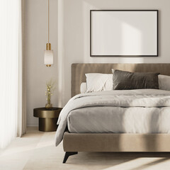 horizontal picture frame mock-up above bed in modern bedroom interior, 3d render