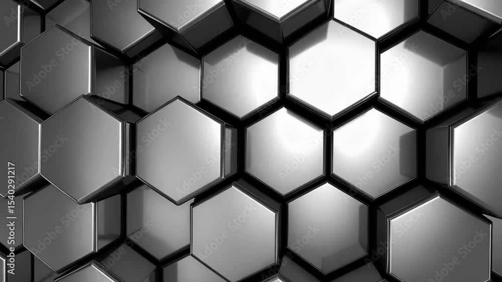 Poster metallic silver honeycomb tiles arrangement creating a modern technological geometric pattern, refle