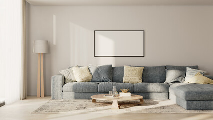 Horizontal picture frame in modern living room interior with blue sofa and white wall, 3d render