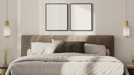 Two empty frames mock up above the bed in modern bedroom interior, front view, 3d render