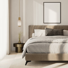 poster frame mock-up above bed in modern bedroom interior, 3d render