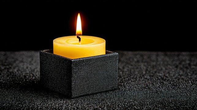 A small, yellow candle in a black box.