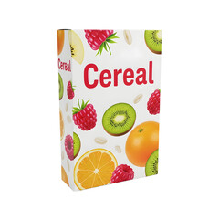 A cereal box with a transparent background. The box features colorful fruit illustrations, including raspberries, kiwis, and oranges, with the word 'Cereal' prominently displayed.