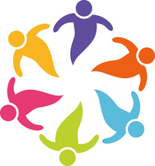 Community of Colors: A harmonious gathering of stylized figures forms a vibrant circle, symbolizing unity, diversity, and collaboration. The artwork is bursting with bright hues and creative flair.