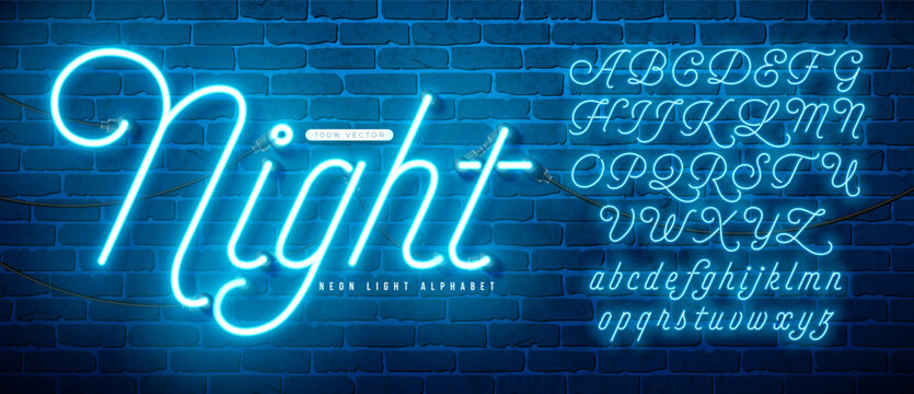 Glowing Neon Light Alphabet with Cable and Shadow on Vintage Brick Wall Background. Retro Vector Font Collection with Shiny Bright Lights. ABC, Written Lowercase and Uppercase Letters Design for