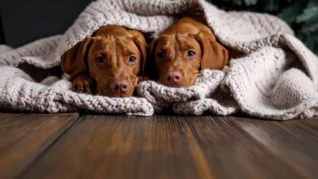 Two red dogs lie on wooden planks under a warm white knitted blanket, cozy domestic scene, winter holidays concept