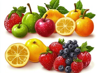 Vibrant still life showcasing assorted fruits, meticulously rendered with realistic detail and bright colors