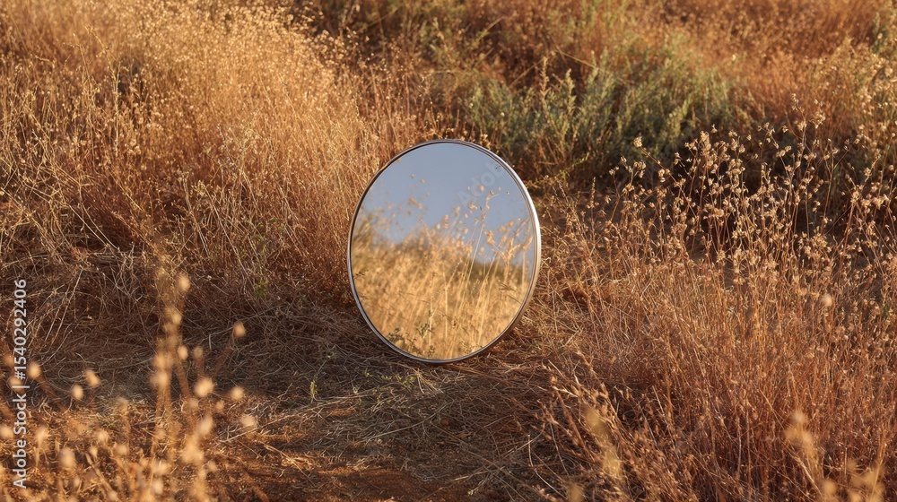 Poster Reflective Mirror Floating in a Tranquil Abstract Field Surrounded by Tall Grass and Wildflowers at Golden Hour