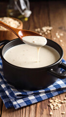 Creamy Oat Soup in Black Pot on Rustic Wooden Table
