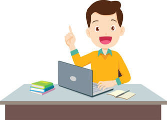 Innovative Solution: A student, captivated by his laptop's display, beams with a vibrant eureka moment. Surrounded by books and a notebook, the scene captures a blend of excitement, education.