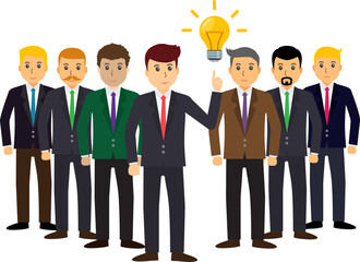 Illumination of Ideas: A dynamic team of professionals huddle together, one pointing towards a radiant lightbulb, symbolizing the birth of a brilliant idea. 