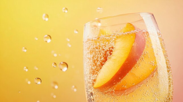Peach bellini cocktail with floating peach slices and sparkling bubbles on a vibrant gradient yellow to pink background, refreshing summer drink concept




