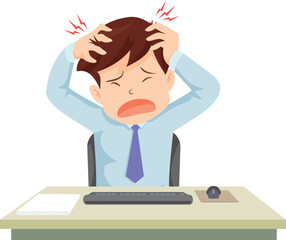 Stressful Situation: A depiction of frustration and headache is captured with a figure at his desk, displaying visible signs of stress and mental strain. 