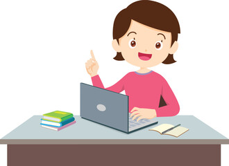 Girl Working on Laptop: A cheerful girl sits at a desk, working diligently on her laptop.  She has a stack of books nearby and a notebook, suggesting a studious atmosphere.