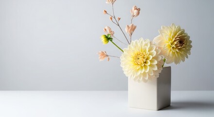 Pale Yellow Dahlias and Peach Flowers in White Cube Vase