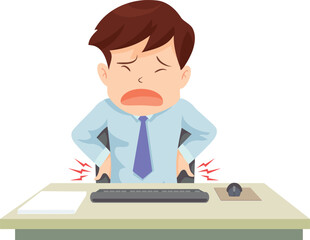 Back Pain at Work: A person hunched over a desk, clutches their lower back in distress, highlighting the physical strain of a long day at the office.