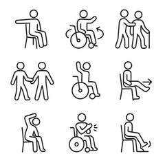 Adaptive Dance Icons. Outline icon set of adaptive dance moves: seated twist, wheelchair spin, assisted lift, side-by-side step,